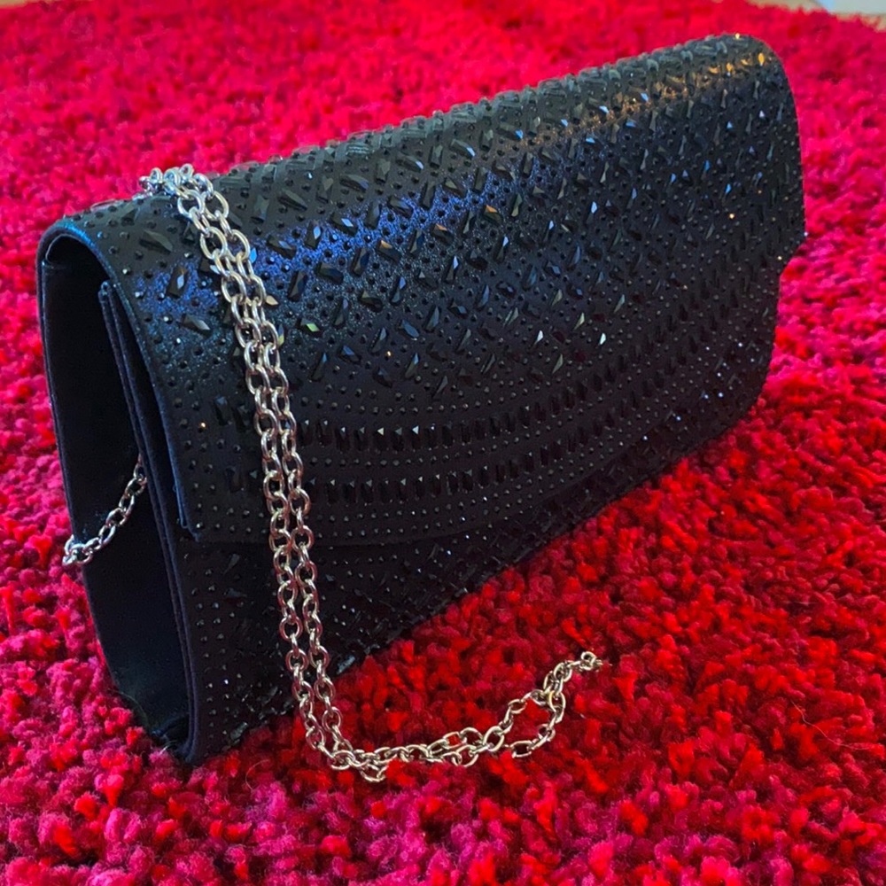 Kate Landry Evening Rhinestone Shoulder Bag Black Clutch
